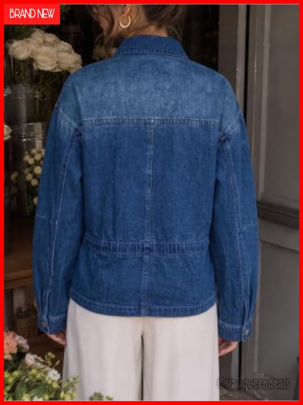 Drawstring Denim Jacket Button Down Collared Shacket - Picture 3 of 6
